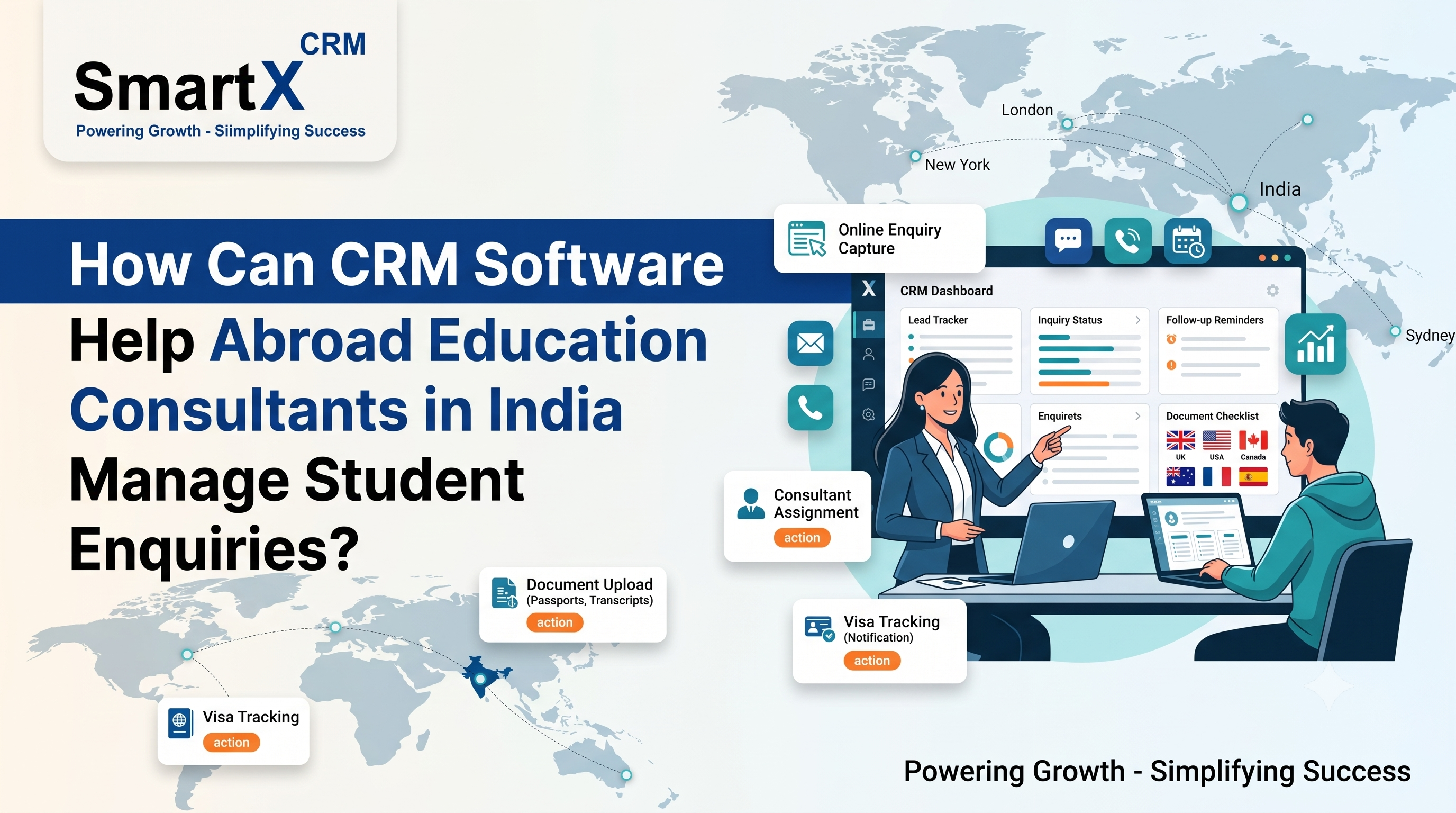 How Can CRM Software Help Abroad Education Consultants in India Manage Student Enquiries? Every abroad education consultancy in India starts the day the same way. Overnight, new student enquiries have arrived through the website, Facebook lead ads, Google Ads, WhatsApp messages and missed calls. Some are serious applicants with a clear intake and budget. Others are early researchers comparing five consultancies at once. The counsellor who replies first, with the right information, usually wins the student. That is why CRM software for abroad education consultants in India has moved from a nice-to-have to a core business tool. A well-set-up study abroad CRM gives you one place to capture every enquiry, assign it to the right counsellor, follow up on time and track the student all the way to enrolment and visa. In this guide, you will learn how a CRM manages student enquiries step by step, what to compare before you buy, which mistakes to avoid, and how to roll it out across your team without disrupting daily counselling. Why Student Enquiries Get Lost in Abroad Education Consultancies Most consultancies do not lose students because their counselling is weak. They lose them because their enquiry handling is scattered. Here are the patterns that show up again and again in study abroad offices: Enquiries live in too many places. A lead can sit in a personal WhatsApp chat, an email thread, an Excel sheet or a paper register at the front desk. Nobody has the full picture. Response time depends on who is free. A student who enquires at 9 PM or on a Sunday may wait a full day for a reply, by which time they have already spoken to a competitor. The same student enquires more than once. Without duplicate detection, two counsellors may call the same student with different advice. Lead source is unknown. If you cannot tell whether a student came from Facebook, an education fair or a referral, you cannot decide where to spend your marketing budget. Follow-ups rely on memory. Students often take weeks to decide. When a counsellor forgets to call back, or leaves the company, the lead goes cold. Nobody can see the pipeline. Managers cannot say how many students are at the counselling stage, the document stage or the offer stage without asking each person. If you recognise two or more of these, your problem is not effort. It is structure, and that is exactly what a CRM provides. For a deeper look at the cost of this chaos, read how missed student deadlines and follow-ups hurt overseas consultancies. What Is CRM Software for Abroad Education Consultants? CRM stands for customer relationship management. In an abroad education consultancy, the "customer" is the student (and often the parents), and the relationship runs from the first enquiry to visa approval and sometimes beyond. A CRM built for this industry stores each student's profile, course and country interest, intake, budget, test scores, documents, conversations and application status in one record. It also automates routine work such as assigning leads, sending acknowledgements and creating follow-up tasks. This is different from a generic sales CRM. Tools built for product sales rarely include multi-university application tracking, visa stages or sub-agent portals out of the box, so consultancies end up paying for heavy customisation. If you want the fundamentals first, this explainer on what CRM means in overseas consultancy covers the basics in plain language. How CRM Software Helps Manage Student Enquiries, Step by Step Here is the enquiry journey inside a CRM, from the first click to a converted student. 1. Capture Student Enquiries From Every Source Automatically The first job of student enquiry management is to make sure no enquiry escapes. A study abroad CRM captures leads from: Website contact forms and course landing pages Facebook and Instagram lead ads Google Ads forms and calls WhatsApp messages Walk-ins, education fairs and events Referrals and partner agents Each enquiry becomes a lead record the moment it arrives, with the source, campaign and time stamped automatically. Nobody needs to copy details from a spreadsheet, and nothing waits for someone to log in on Monday morning. SmartX CRM connects with popular channels through its integrations, so lead capture works without manual exports. 2. Remove Duplicates and Build One Student Profile Students often enquire through more than one channel. They fill a form, then message on WhatsApp, then call the office. Duplicate detection recognises that these belong to one person and merges them into a single profile. This matters more than it sounds. One profile means one conversation history, one assigned counsellor and one consistent message to the student and parents. 3. Assign Each Enquiry to the Right Counsellor Fast assignment is where a CRM starts saving real time. Instead of a manager reading the enquiry list and allocating leads by hand, rules do it for you. Common assignment rules for abroad education consultants include: Destination expertise: UK enquiries go to the UK specialist, Canada to the Canada team Intake and course type: undergraduate, postgraduate, diploma or language test coaching Workload: the counsellor with the fewest open leads gets the next one Language or city: Gujarati, Hindi, Punjabi or Malayalam speakers matched to students, or branch-wise routing Round robin: equal distribution for fairness across a new team The assigned counsellor gets an instant alert, so the student is contacted while their interest is still high. You can see how this fits into a wider system in this overview of lead management for education consultants. 4. Reply Fast With WhatsApp and Email Automation In India, WhatsApp is where most students and parents prefer to talk. A CRM that connects with WhatsApp lets counsellors send and receive messages from the lead profile, so the conversation history stays attached to the student instead of sitting on one person's phone. Useful automations include: An instant acknowledgement message with your consultancy name and next steps A document checklist sent right after the first call Reminders for counselling appointments and webinars Status updates when an application moves to the next stage SmartX CRM offers WhatsApp automation for education consultants through WA Daddy, which supports campaigns and messaging directly from the CRM. As always, follow WhatsApp's business messaging policies and only message students who have opted in. 5. Score and Qualify Leads So Counsellors Focus on Serious Students Not every enquiry deserves the same effort on day one. Lead scoring ranks students using signals such as: Preferred country and intake timing Academic profile and English test status Budget readiness or sponsor details Engagement, such as replying to messages or attending a webinar Counsellors then start with the students most likely to apply, while others receive nurturing messages until they are ready. Automated qualification questions (course, country, intake, budget) also save the first ten minutes of every call. 6. Automate Follow-Ups and Task Reminders Follow-up is where most consultancies leak revenue. A CRM turns follow-up from a memory task into a system task: Every lead gets a next action and a due date Counsellors see a daily task list sorted by priority Overdue follow-ups are flagged to the team lead Silent leads receive automated nurture messages after a set number of days If a counsellor leaves, all their leads stay in the system and can be reassigned in minutes This is the single biggest reason teams see fewer lost leads after adopting a CRM. The habit of "I will call them next week" becomes a scheduled, visible task. 7. Move the Enquiry Into Applications, Documents and Visa Tracking A converted enquiry is only the start. The same student record should carry on into the operational stages so nothing is re-entered: Application management to track each student across multiple universities, courses and countries Document management to collect passports, transcripts, SOPs and financial documents against a checklist Visa tracking to monitor file preparation, submission and decision dates with reminders A university and course finder so counsellors can shortlist options during the first counselling session When the enquiry, application and visa file share one record, counsellors stop chasing information across chats and folders. 8. Give Sub-Agents and Branches Controlled Access Many Indian consultancies work with sub-agents, franchise partners or multiple branches. Emailing student details back and forth creates delays and data risk. A CRM with B2B sub-agent management lets partners submit students and track progress in their own portal, while the head office keeps full control of the main database. Role-based permissions decide who can view, edit or export what. 9. Track Reports and Counsellor Performance What you can measure, you can improve. Dashboards and CRM reports should answer questions such as: Which lead source brings the most enrolled students, not just the most enquiries? How long does the first response take on average? How many leads does each counsellor convert from counselling to application? At which stage do students drop off? Which countries and intakes are growing? With these answers, you can cut wasteful ad spend, coach slower counsellors and plan staffing before peak intake seasons. Manual Enquiry Handling vs CRM: A Quick Comparison Area Excel, WhatsApp and Notebooks CRM for Abroad Education Consultants Enquiry capture Copied by hand, often delayed Automatic from forms, ads and WhatsApp Duplicates Common, causes confusion Detected and merged Lead assignment Manager allocates manually Rule-based, instant alerts Follow-ups Depend on memory Scheduled tasks and reminders Conversation history Spread across personal phones Stored on the student profile Visibility for managers Ask each counsellor Live pipeline dashboard Lead source ROI Guesswork Tracked per campaign and channel Staff exit risk Leads leave with the employee Data stays with the company Sub-agent coordination Emails and forwards Dedicated partner portal Key Features to Look for in an Education Consultancy CRM in India Before you shortlist a tool, check that it covers these essentials: Multi-source lead capture with source and campaign tracking Duplicate detection and unified student profiles Smart assignment by country, intake, workload or branch WhatsApp, email and call integration from the lead profile Customisable pipelines for study abroad, immigration and test prep Application, document and visa modules in the same system Sub-agent and branch permissions Reports on source, counsellor and stage conversion Mobile access so counsellors can update leads after fairs and school visits Data security with role-based access and audit trails For a fuller checklist, see the CRM features that matter most for education consultants in India and this guide on how to choose the right CRM for an abroad education consultancy in India. If you are comparing vendors side by side, the study abroad CRM comparison guide explains what to look at beyond the feature list. Common Mistakes When Using a CRM for Student Enquiries A CRM only works if the team uses it. Avoid these pitfalls: Importing messy data. Clean old spreadsheets first: merge duplicates, standardise country names and remove dead numbers. Building too many fields and stages. Start with a simple pipeline (New, Contacted, Counselled, Applied, Offer, Visa, Enrolled) and refine later. Leaving WhatsApp outside the CRM. If conversations stay on personal phones, you lose the history you bought the CRM to keep. Skipping training. Give counsellors a one-page rule: every call and update is logged in the CRM the same day. Not reviewing reports. Hold a weekly ten-minute review of overdue follow-ups and source performance. Budgeting matters too. This breakdown of what CRM implementation actually costs for a counselling team helps you plan for setup, training and monthly fees. Protecting Student Data When You Manage Enquiries in a CRM Student enquiries include passports, marksheets, phone numbers, financial details and family information. This is sensitive personal data, and parents expect you to protect it. Look for role-based access, activity logs, secure cloud hosting and the ability to remove a departing employee's access instantly. India's Digital Personal Data Protection Act, 2023 also places responsibilities on organisations that process personal data, so consult your legal adviser about consent and retention practices for your consultancy. For practical guidance, read this education consultancy CRM data security guide. How SmartX CRM Helps Abroad Education Consultants Manage Enquiries SmartX CRM is built for overseas education and immigration consultancies. The Educa CRM module brings the enquiry-to-enrolment workflow together: Lead capture from website, ads, WhatsApp and offline sources Counsellor assignment and follow-up automation Application, document and visa tracking on one student record Sub-agent portals and branch-level permissions WhatsApp campaigns and messaging through WA Daddy AI-assisted workflows to reduce repetitive calling and data entry If you are moving from another platform, you may also want to read why some consultancies look for a Meritto alternative for education consultancy or how SmartX compares in SmartX CRM vs Kondesk. You can review SmartX CRM pricing at any time, and if you want to see the enquiry workflow with your own use case, you can book a free SmartX CRM demo. A Simple 30-Day Plan to Start Managing Enquiries in a CRM You do not need to switch everything at once. This phased approach works well for small and mid-size consultancies: Week 1: Set up and import. Clean your existing leads, create users and roles, and define your pipeline stages. Week 2: Connect capture channels. Link website forms, ad lead forms and WhatsApp so new enquiries flow in automatically. Week 3: Turn on assignment and follow-ups. Add assignment rules, task reminders and your first automated acknowledgement message. Week 4: Add applications and reports. Start tracking applications and documents, then review your first weekly dashboard with the team. Once the enquiry stage is stable, add visa tracking and sub-agent access. If you want a checklist of what to look for in the Indian market, this guide on what an Indian abroad education consultancy should look for in CRM software is a useful companion. Frequently Asked Questions How can CRM software help abroad education consultants in India manage student enquiries? A CRM captures every enquiry from websites, ads, WhatsApp and walk-ins into one system, removes duplicates, assigns each student to the right counsellor, automates follow-up reminders and tracks the student from first enquiry through application, documents and visa. Can a CRM capture student enquiries from Facebook, Google Ads and WhatsApp automatically? Yes. A study abroad CRM connects to website forms, Facebook lead ads, Google Ads, WhatsApp and offline sources so each enquiry creates a lead record automatically, with the lead source saved for reporting. How does a CRM reduce missed follow-ups in a study abroad consultancy? The CRM creates follow-up tasks and reminders for every lead, alerts the assigned counsellor about pending calls or documents, and gives managers a view of overdue tasks so no enquiry depends on someone's memory. Is a generic CRM enough for an abroad education consultancy? Generic CRMs can store contacts, but they usually need heavy customisation for multi-university applications, document checklists, visa stages and sub-agent access. A CRM built for education consultants ships with these workflows ready to use. You can explore what makes CRM software suitable for abroad education consultants in India for more detail. Can sub-agents and branch offices use the same CRM without seeing all student data? Yes. With role-based permissions and a sub-agent portal, partners can submit students and track status while the head office keeps control of the main database and sees consolidated reports. How long does it take to set up a CRM for a study abroad consultancy? Setup time depends on how much data you import and how many pipelines you need. Many small teams start with lead capture, assignment and follow-ups first, then add applications, documents and visa tracking in later phases. Conclusion: Turn Every Student Enquiry Into a Tracked Opportunity Managing student enquiries with spreadsheets and chat threads works only until volume grows. After that, response times slip, follow-ups get missed and good students choose whoever replied first. CRM software for abroad education consultants in India fixes this by giving every enquiry an owner, a next step and a clear path from first message to visa. Start with capture, assignment and follow-ups, measure what happens, then add applications, documents and reports as your team gets comfortable. Ready to see it in action? Explore SmartX CRM for study abroad consultants or talk to the SmartX team about setting up your enquiry pipeline.